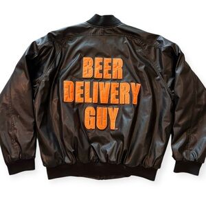 Vintage Steve & Barry’s “Beer Delivery Guy” Faux Leather Bomber Jacket – Size L